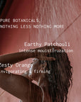 Person washing hair with text about Earthy Patchouli and Zesty Orange scents.