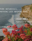 Floral scene with text about aloe vera and lavender, set against a scenic background.