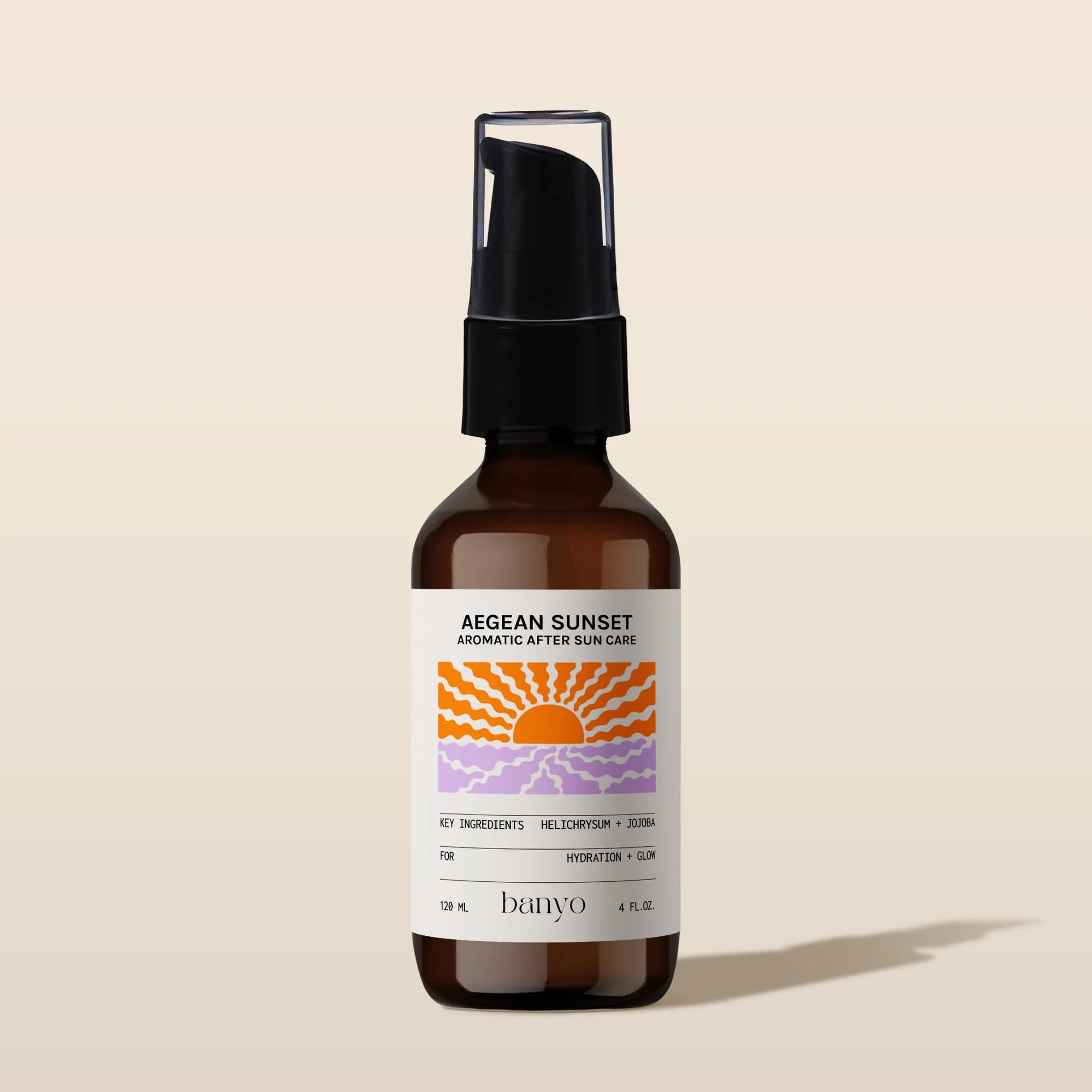 Bottle of 'Aegean Sunset' after sun care product by banyo on a beige background