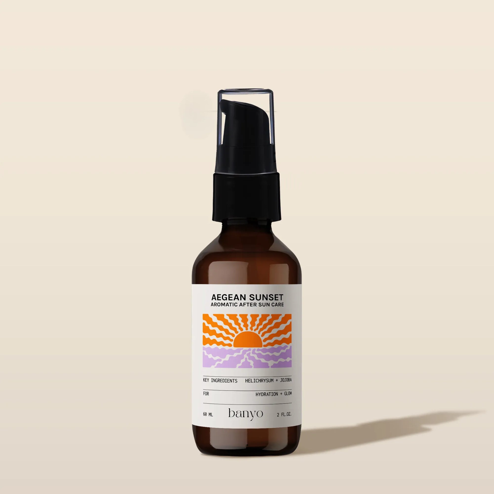 Bottle of 'Aegean Sunset' after sun care product by banyo on a beige background