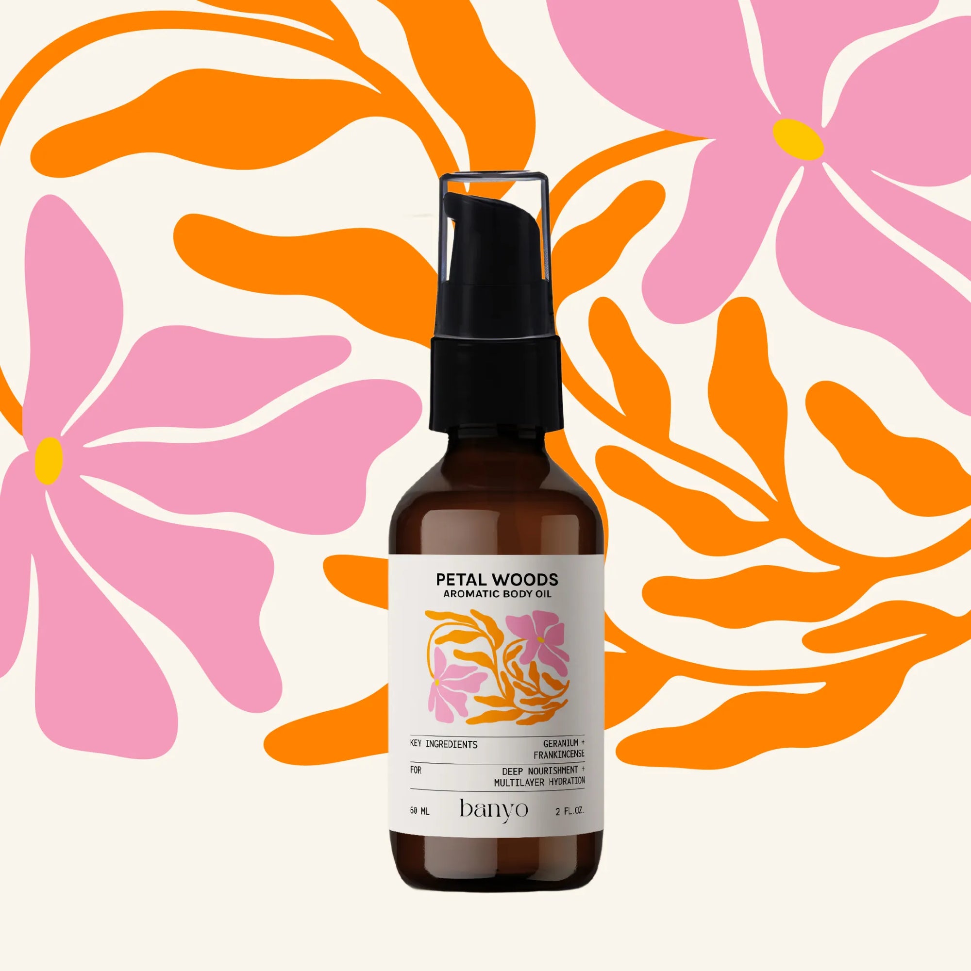 Bottle of Petal Woods product with a colorful floral background