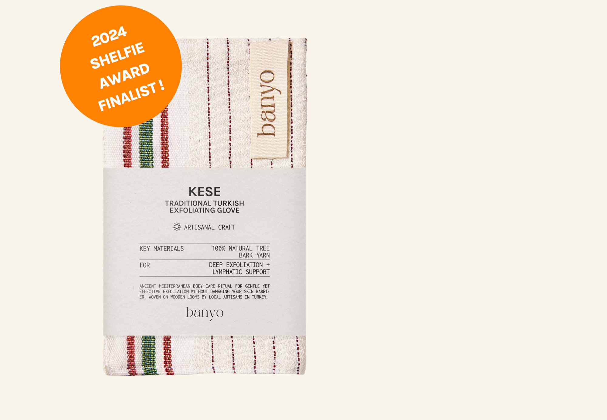 Banyo Kese exfoliating glove packaging with brand name and shelf award information on a white background