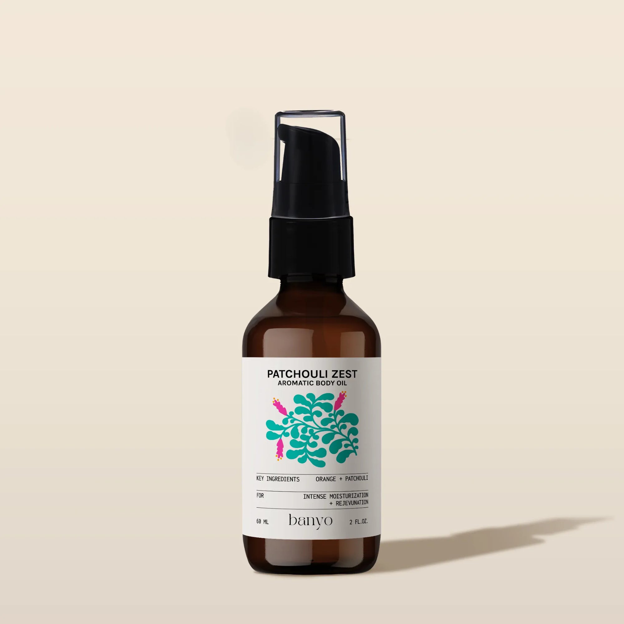 Bottle of Patchouli Zest body oil by banyo on a beige background