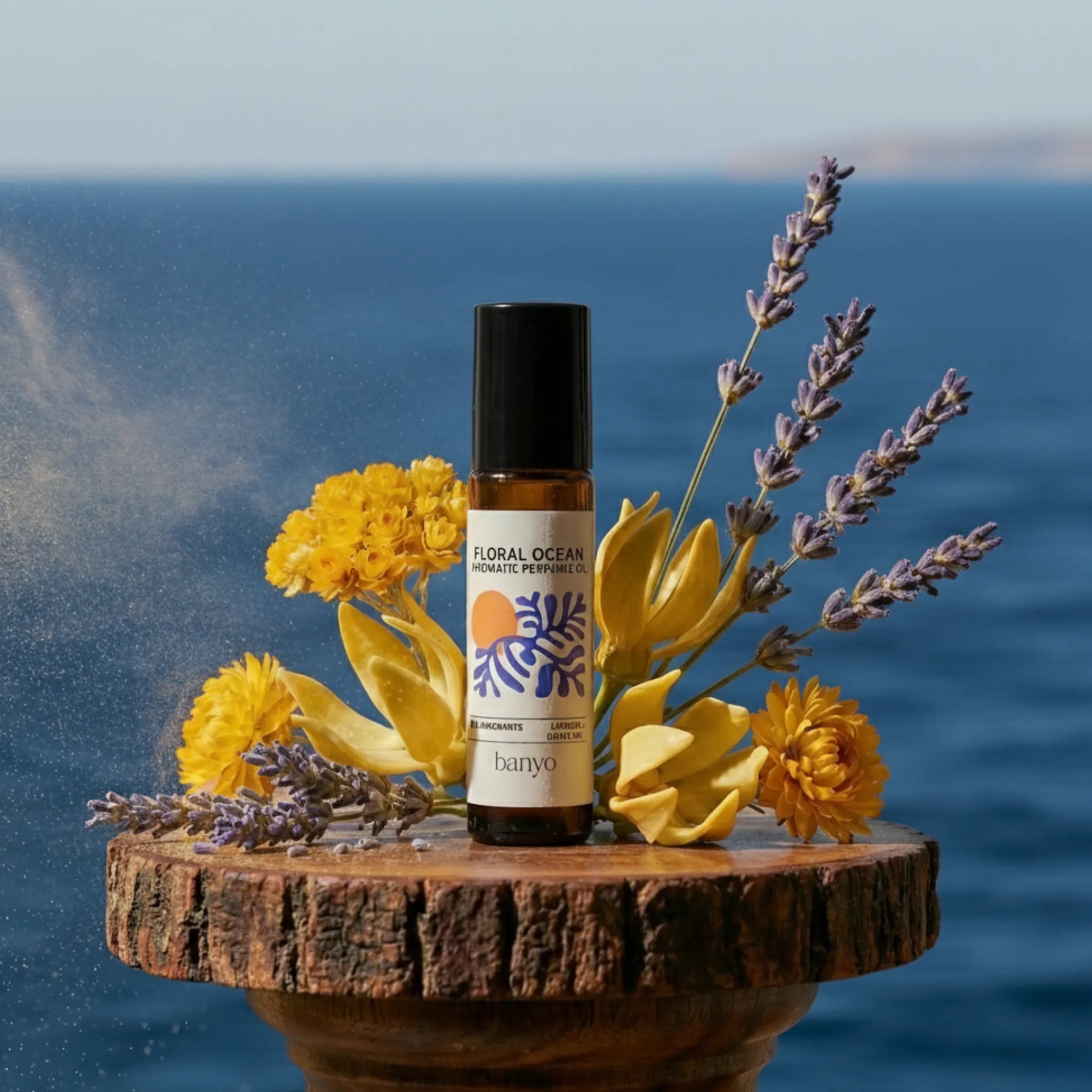 Bottle of 'Floral Ocean' perfume with flowers on a wooden stand against an ocean background natural perfume oil 