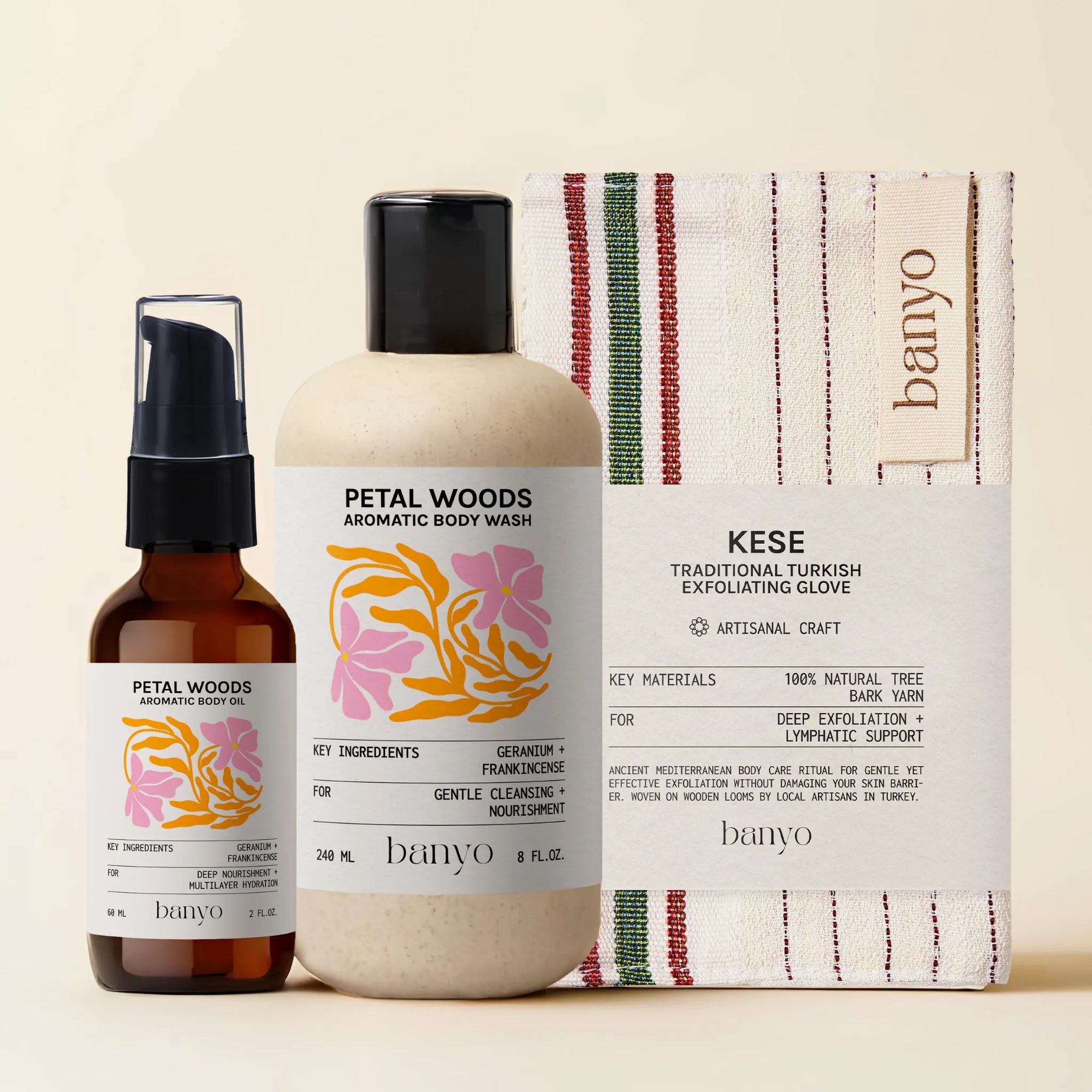 Banyo brand products including a bottle of body wash, a bottle of oil, and a glove on a beige background