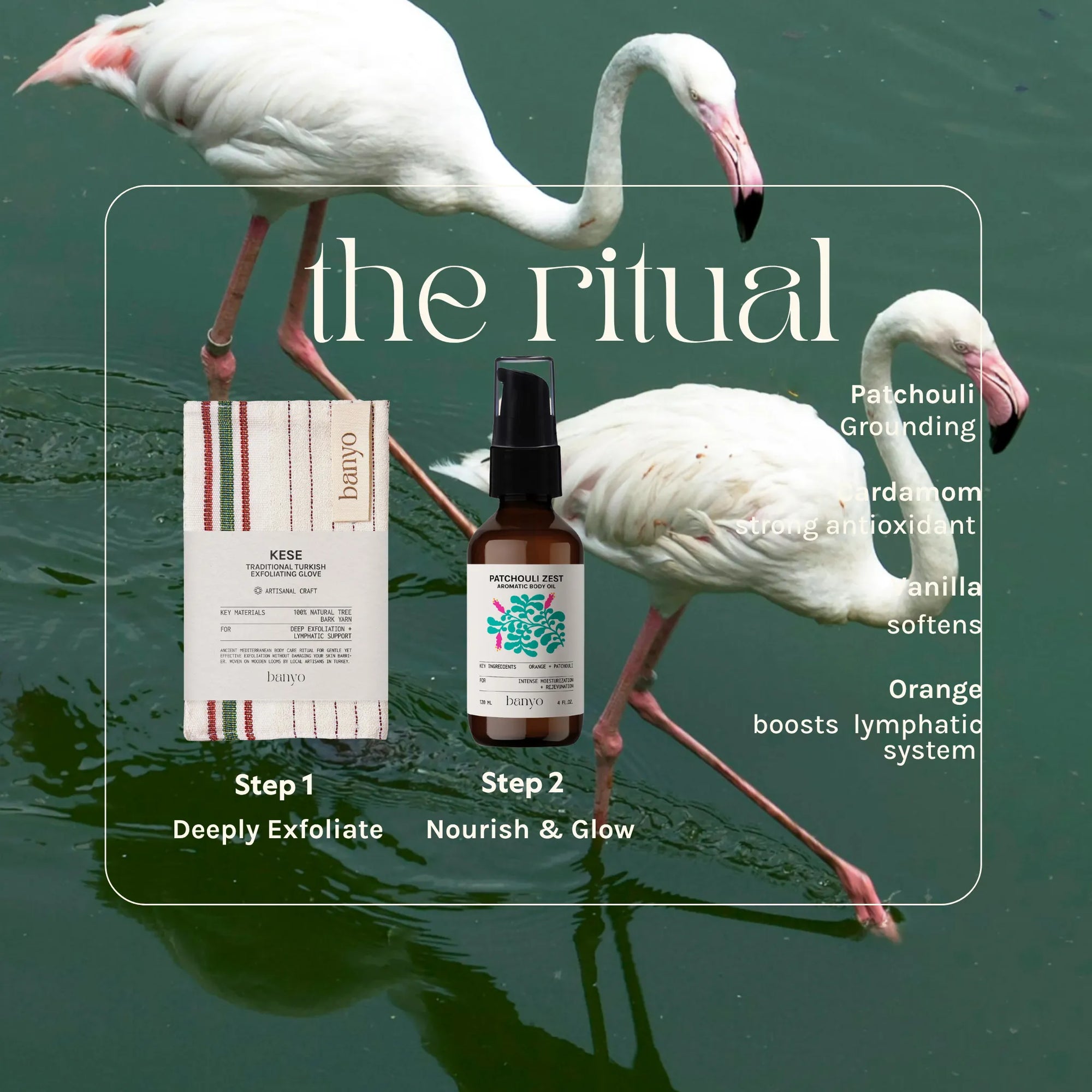 Two flamingos in water with skincare products and 'the ritual' text overlay.