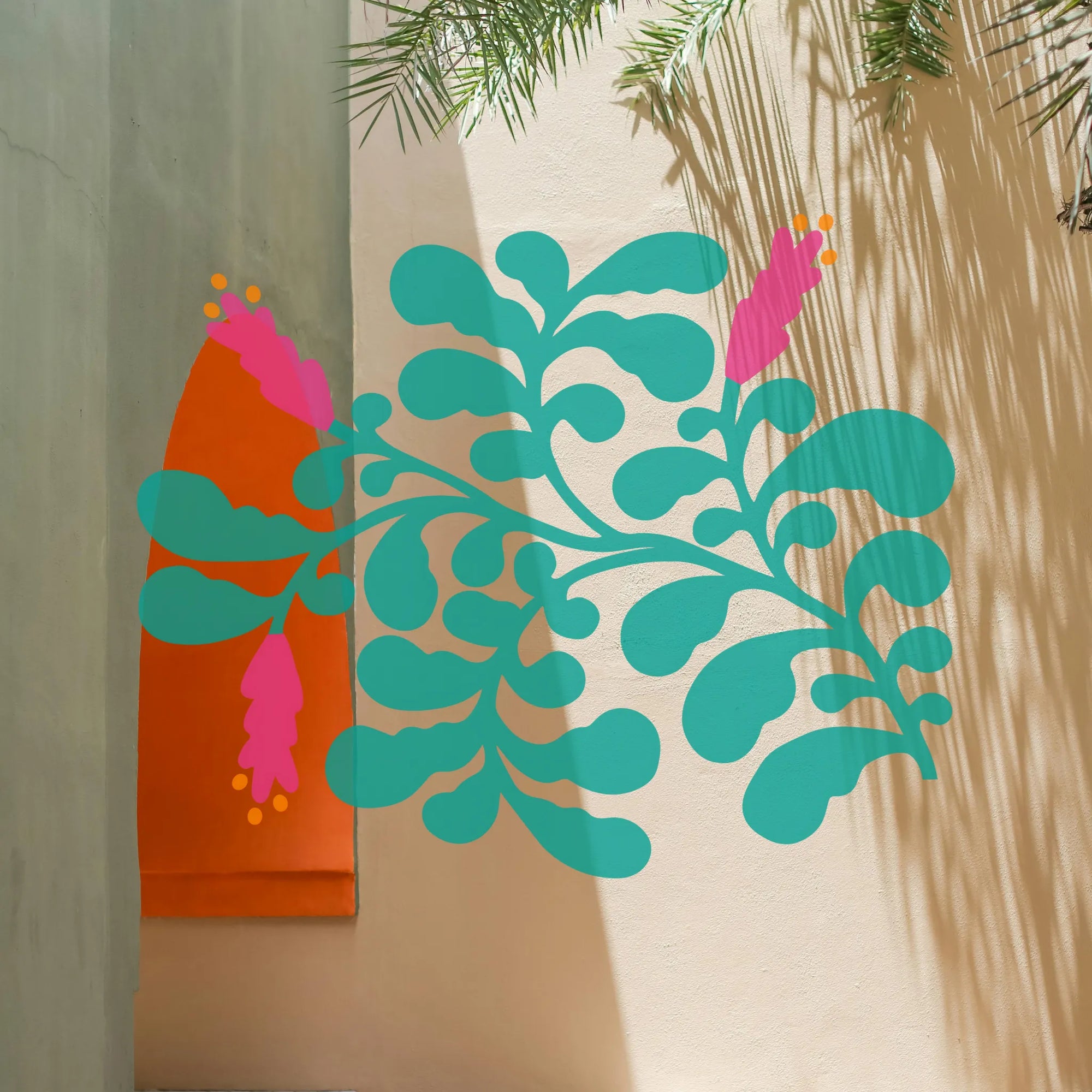 Decorative wall art with teal leaves and pink flowers on a neutral background