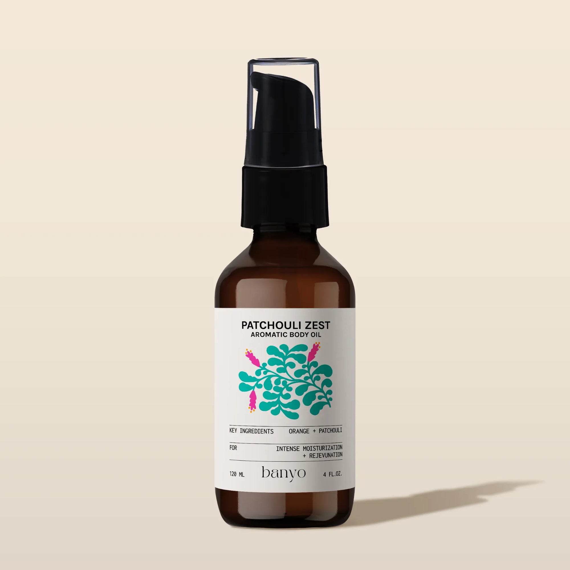 Bottle of Patchouli Zest Aromatic Body Oil by banyo on a beige background