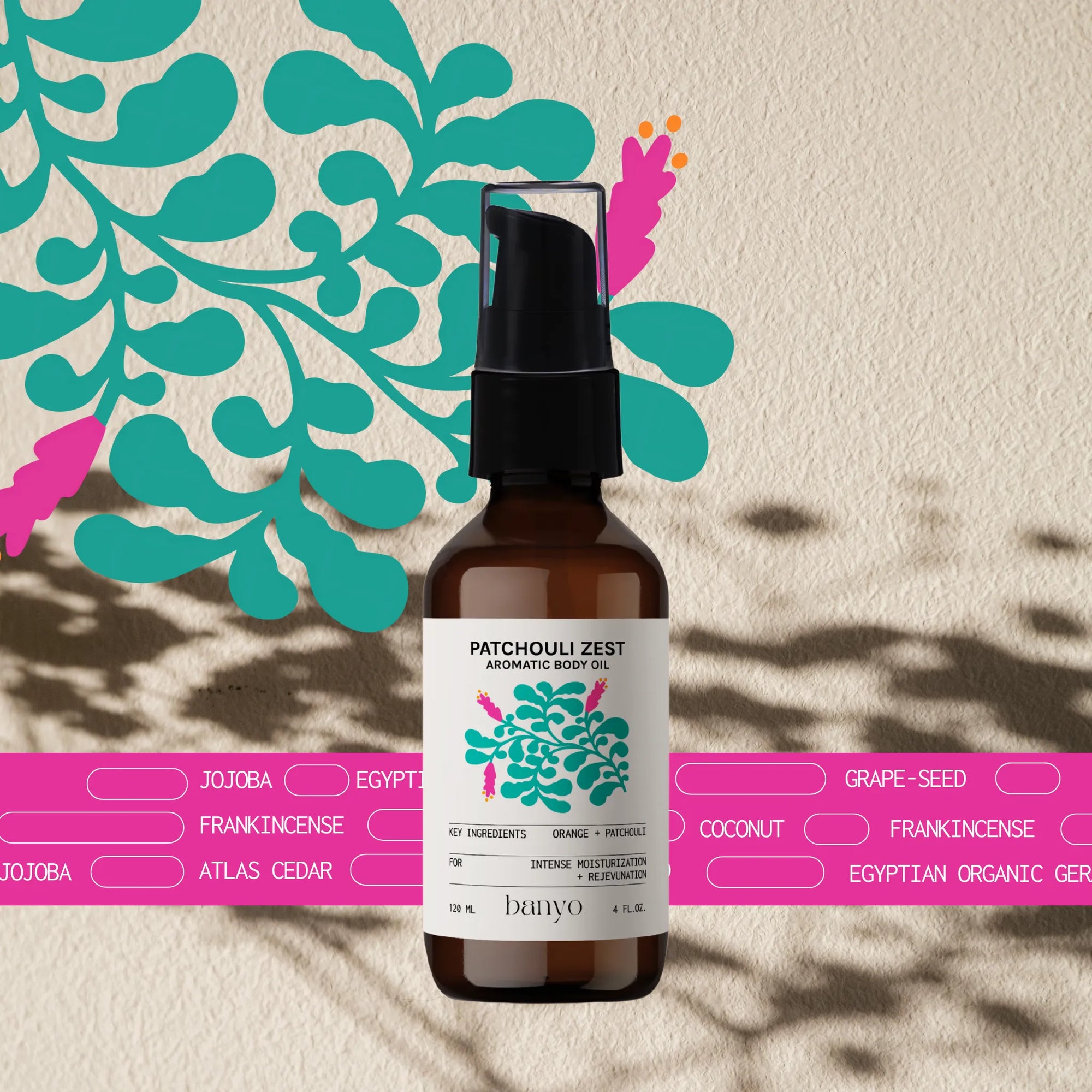 Brown bottle with a label on a textured beige background with colorful abstract designs