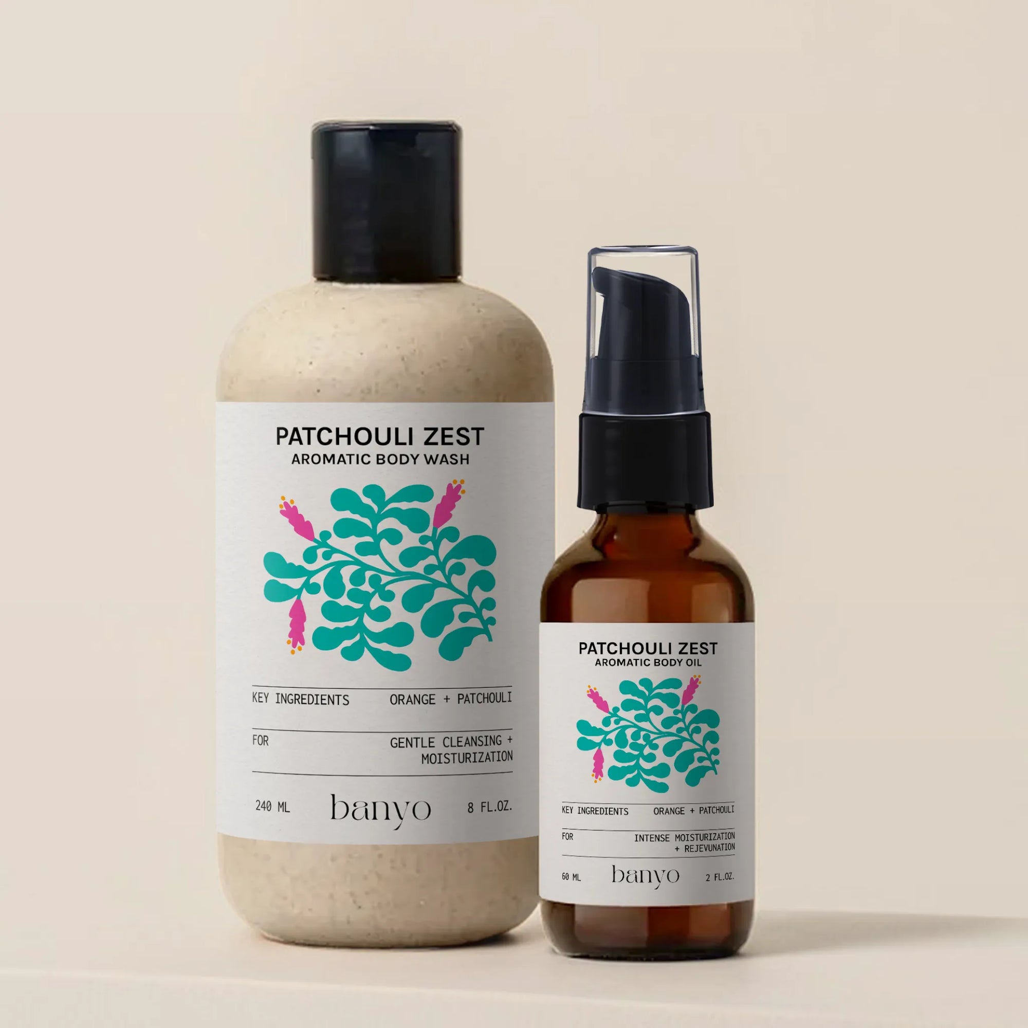 Two 'banyo'Patchouli Zest products on a beige background