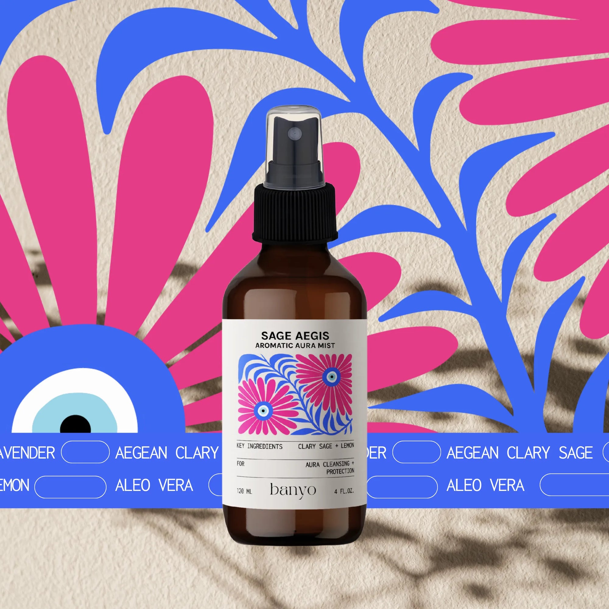 Bottle of Sage Aegis product with colorful label against a floral patterned background