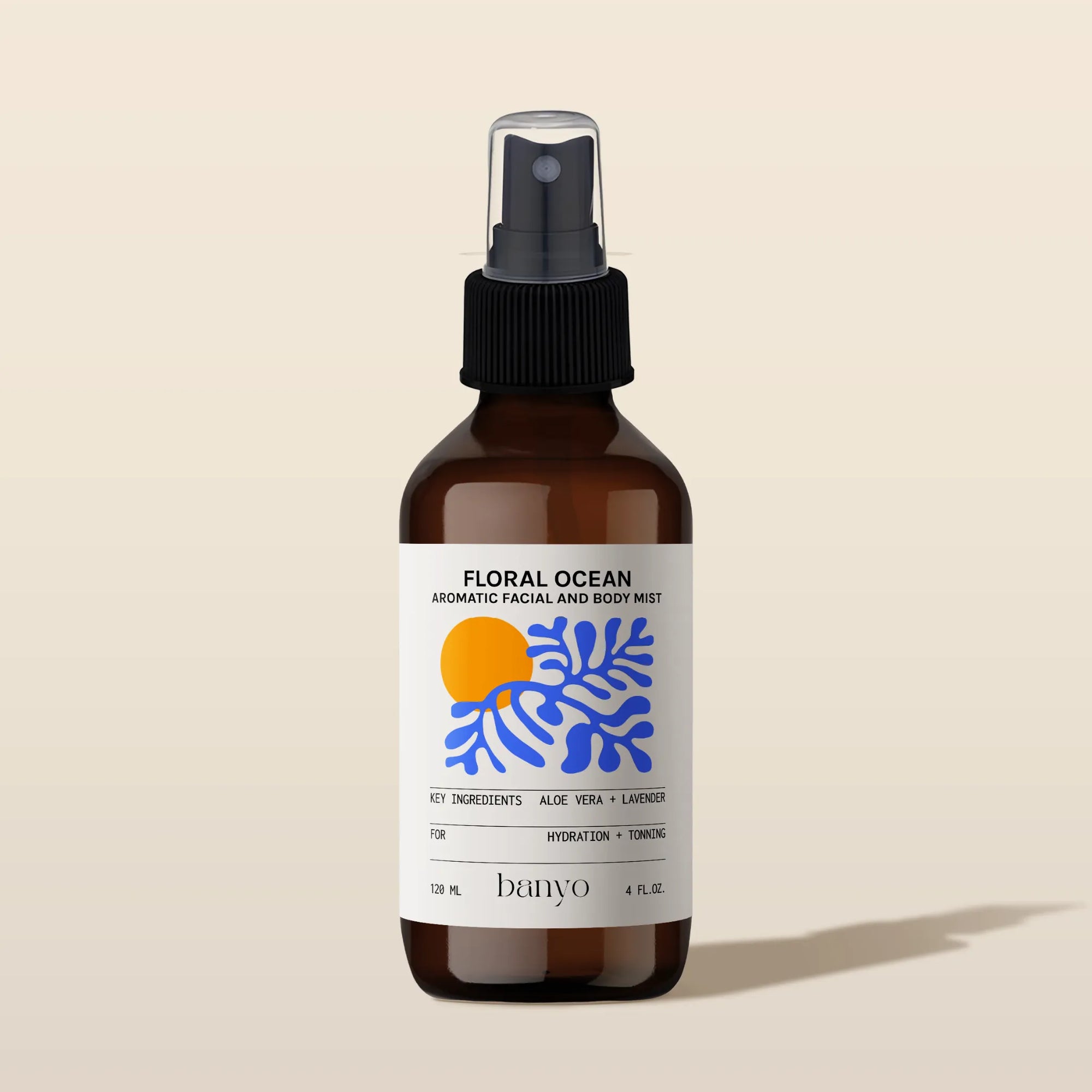 Bottle of 'Floral Ocean' aromatic facial and body mist by banyo on a beige background
